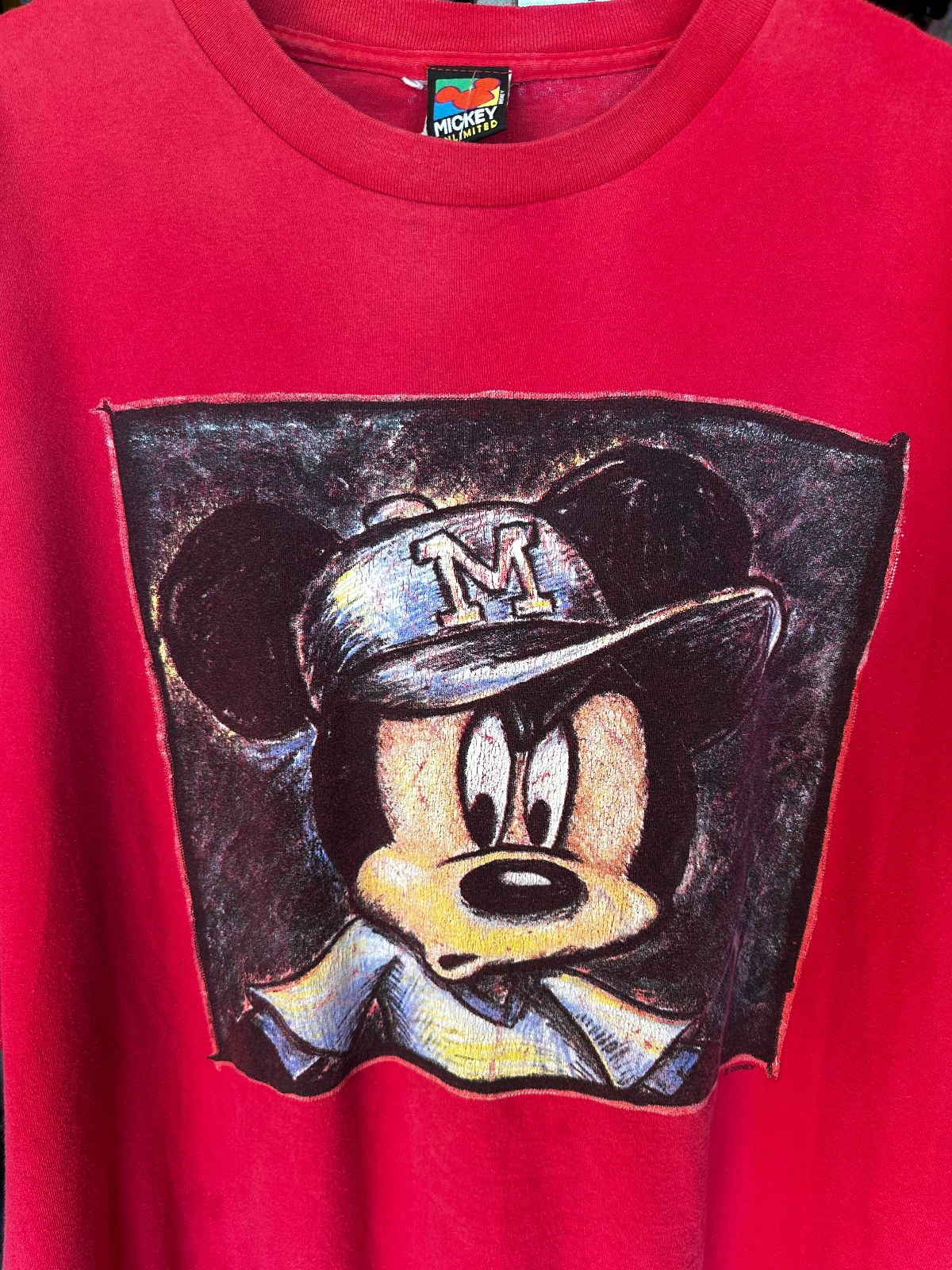 DISNEY MADE IN USA 1990S OVERSIZED MICKEY MOUSE BASEBALL HAT GRAPHIC SINGLE STITCH T-SHIRT in RED, BLACK, YELLOW