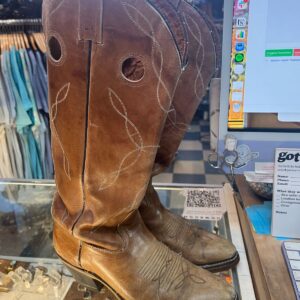 ACME *AS-IS* TALL PULL ON WESTERN STACKED HEEL COWBOY BOOTS in TAN