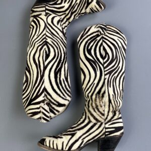 LARRY MAHAN WHOA!!!! UNREAL!!! SUPER TALL ZEBRA PONY HAIR COWBOY BOOTS, SIZE W8 / M6 in WHITE, BLACK