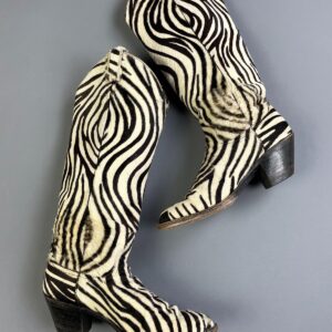 LARRY MAHAN WHOA!!!! UNREAL!!! SUPER TALL ZEBRA PONY HAIR COWBOY BOOTS, SIZE W8 / M6 in WHITE, BLACK