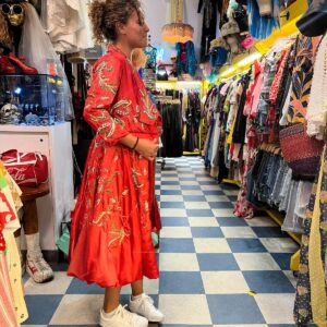 TRELISE COOPER AMAZING!! VERMILLION SILK OVERCOAT DRESS WITH GOLD EMBROIDERY, BEADING AND LARGE STONES THROUGHOUT in RED, GOLD