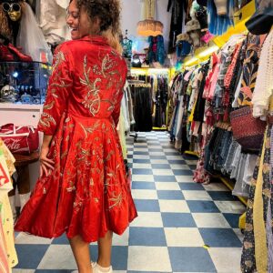 TRELISE COOPER AMAZING!! VERMILLION SILK OVERCOAT DRESS WITH GOLD EMBROIDERY, BEADING AND LARGE STONES THROUGHOUT in RED, GOLD