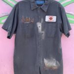 *AS-IS* WISHBONE CUSTOM CYCLES MECHANICS SHIRT – SUN FADED W/ HAND EMBROIDERED FLAMES