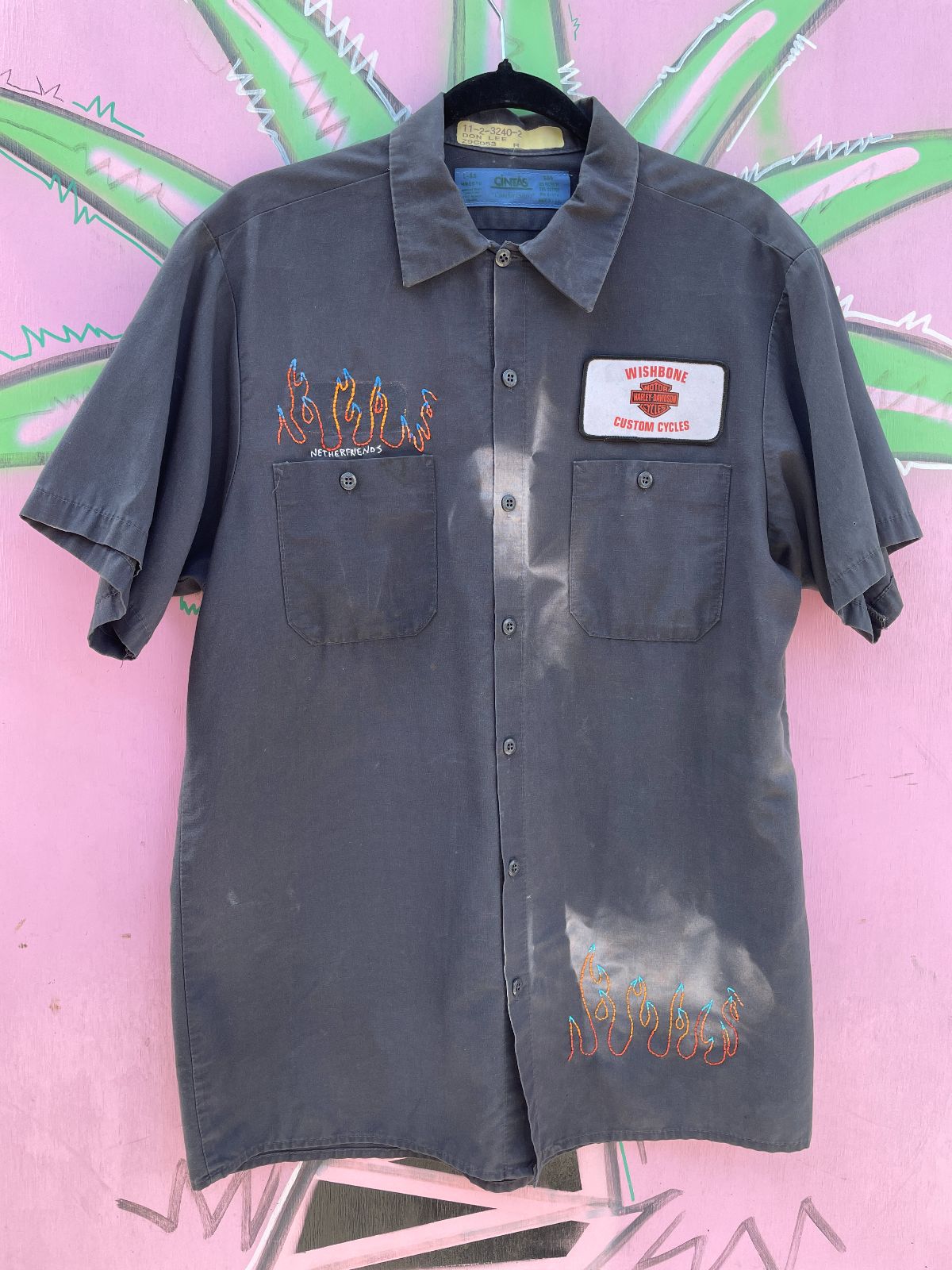 CINTAS *AS-IS* WISHBONE CUSTOM CYCLES MECHANICS SHIRT - SUN FADED W/ HAND EMBROIDERED FLAMES in BLACK, GRAY