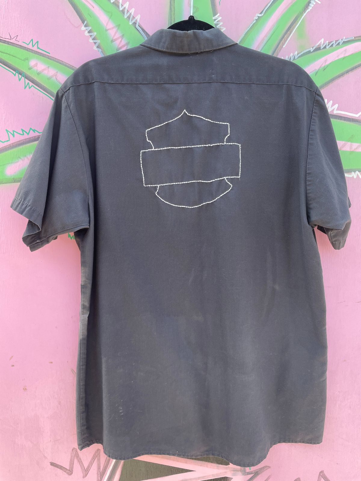CINTAS *AS-IS* WISHBONE CUSTOM CYCLES MECHANICS SHIRT - SUN FADED W/ HAND EMBROIDERED FLAMES in BLACK, GRAY
