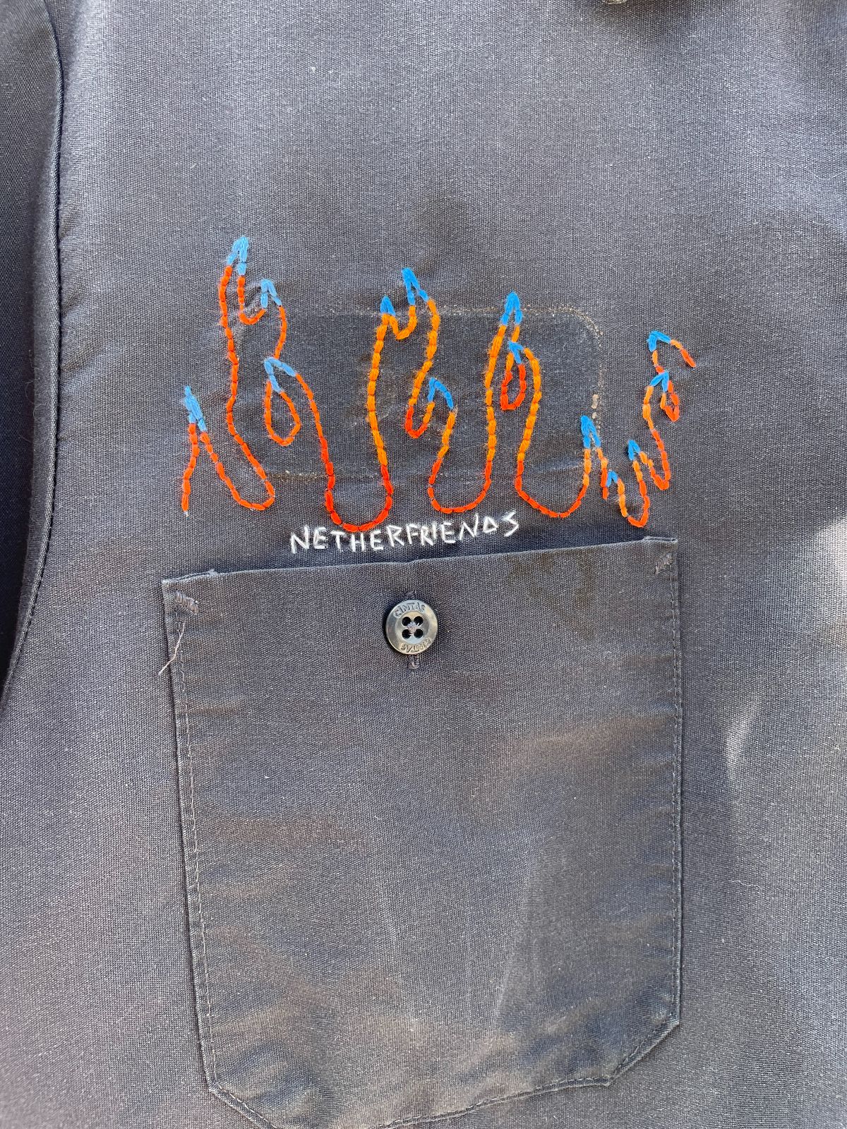 CINTAS *AS-IS* WISHBONE CUSTOM CYCLES MECHANICS SHIRT - SUN FADED W/ HAND EMBROIDERED FLAMES in BLACK, GRAY
