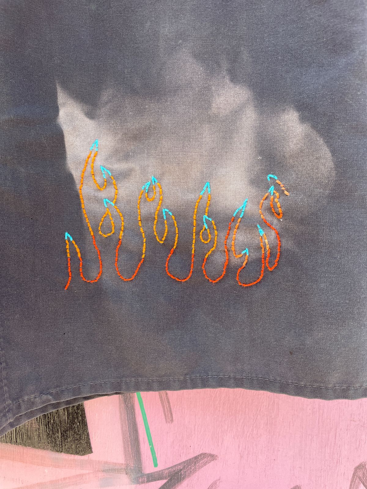 CINTAS *AS-IS* WISHBONE CUSTOM CYCLES MECHANICS SHIRT - SUN FADED W/ HAND EMBROIDERED FLAMES in BLACK, GRAY