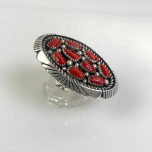 STUNNING!!!! HUGE! OVAL MULTI STONE CORAL RING, DECORATIVE CARVED & STAMPED SETTING **SIGNED STERLING K in RED, SILVER