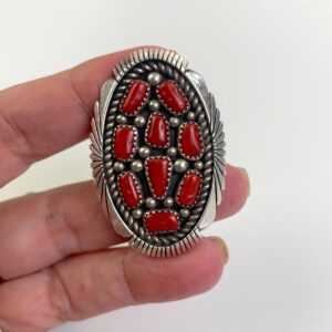 STUNNING!!!! HUGE! OVAL MULTI STONE CORAL RING, DECORATIVE CARVED & STAMPED SETTING  **SIGNED STERLING K in RED, SILVER