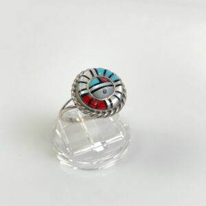 925 STERLING SILVER ZUNI SUNFACE INLAY MULTI STONE RING - TURQUOISE, MOTHER OF PEARL & CORAL in SILVER, WHITE, BLUE, RED