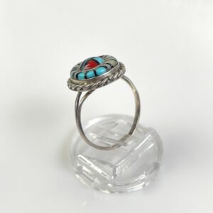 925 STERLING SILVER ZUNI SUNFACE INLAY MULTI STONE RING - TURQUOISE, MOTHER OF PEARL & CORAL in SILVER, WHITE, BLUE, RED