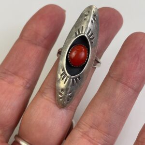 *SIGNED HB STAMPED DESIGN CONVEX SURFBOARD SHAPED SHADOW BOX SETTING STERLING SILVER RING, INSET CORAL STONE in SILVER, RED