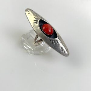 *SIGNED HB STAMPED DESIGN CONVEX SURFBOARD SHAPED SHADOW BOX SETTING STERLING SILVER RING, INSET CORAL STONE in SILVER, RED