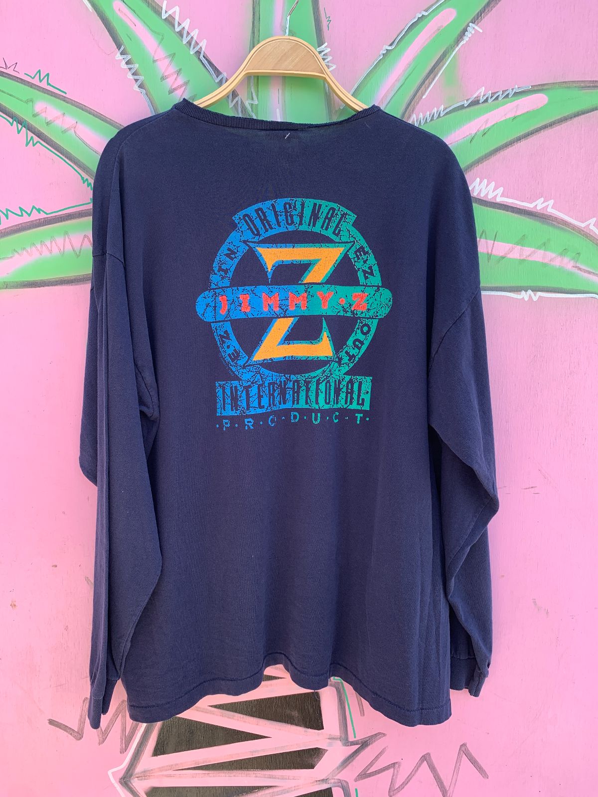 JIMMY Z *AS-IS* RAD! 1980S-90S LONG SLEEVE JIMMY Z CRACKLED GRAPHIC T-SHIRT in BLUE