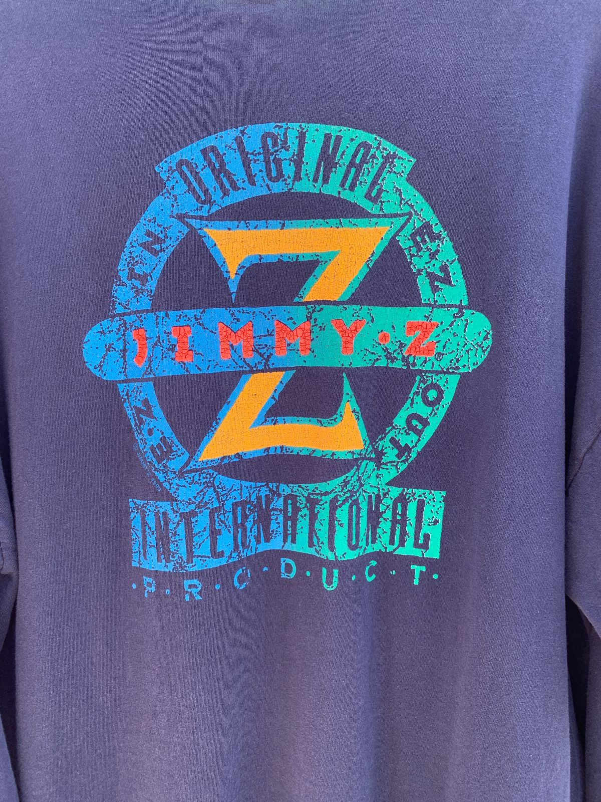 JIMMY Z *AS-IS* RAD! 1980S-90S LONG SLEEVE JIMMY Z CRACKLED GRAPHIC T-SHIRT in BLUE