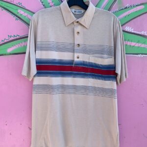 HABAND 1980-90S HORIZONTAL LINE QUARTER BUTTON SHORT SLEEVE POLO SHIRT in TAN, RED, BLUE