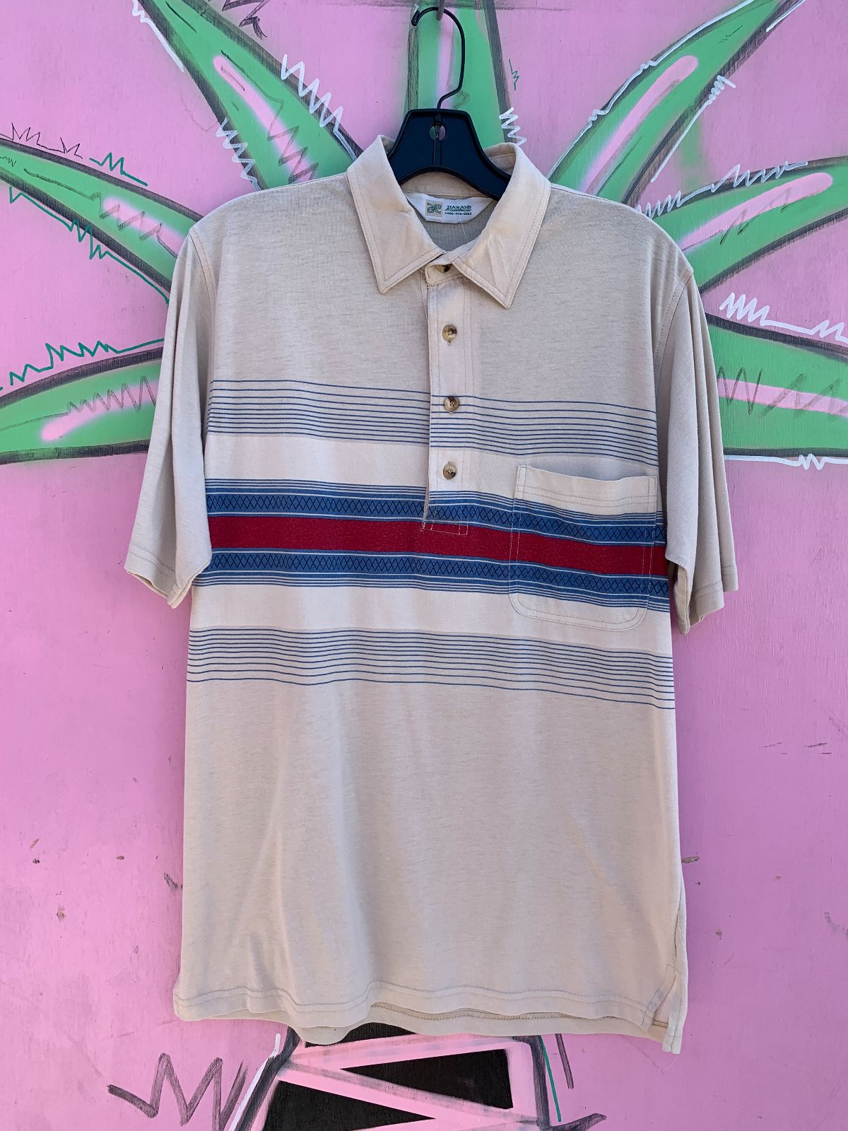HABAND 1980-90S HORIZONTAL LINE QUARTER BUTTON SHORT SLEEVE POLO SHIRT in TAN, RED, BLUE