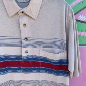 HABAND 1980-90S HORIZONTAL LINE QUARTER BUTTON SHORT SLEEVE POLO SHIRT in TAN, RED, BLUE