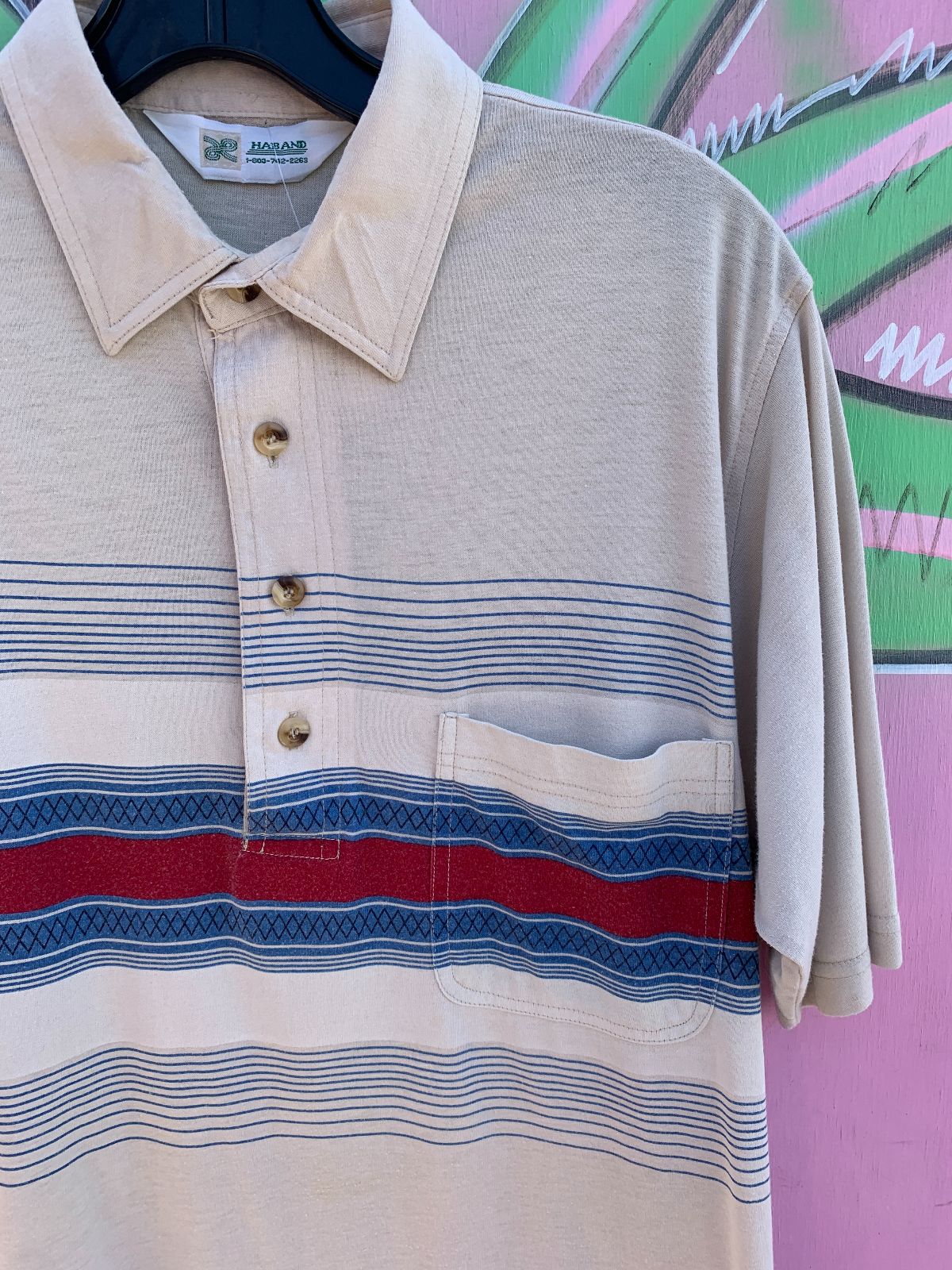 HABAND 1980-90S HORIZONTAL LINE QUARTER BUTTON SHORT SLEEVE POLO SHIRT in TAN, RED, BLUE