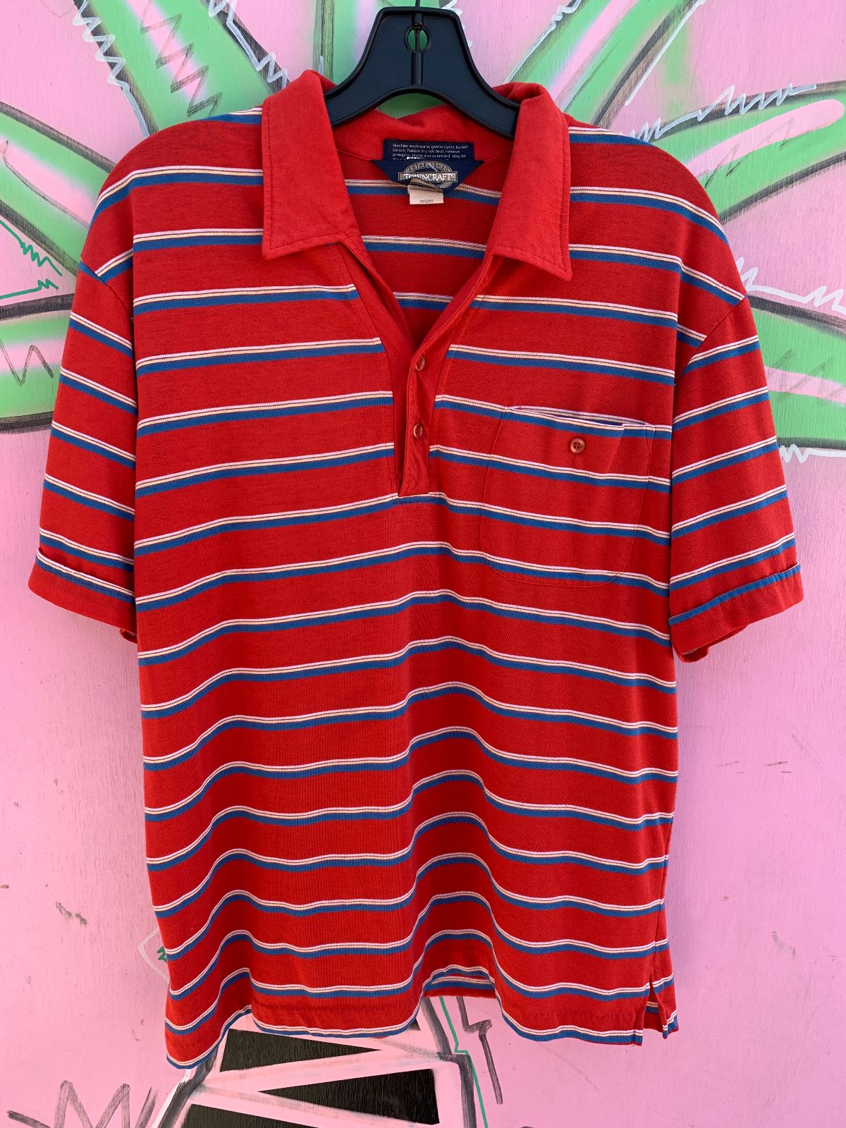 TOWNCRAFT RETRO 1970S-80S PAPER THIN STRIPED POLO SHIRT SINGLE FRONT POCKET in RED