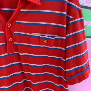 TOWNCRAFT RETRO 1970S-80S PAPER THIN STRIPED POLO SHIRT SINGLE FRONT POCKET in RED