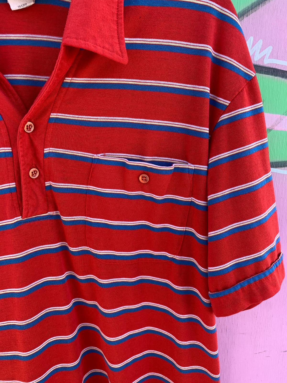 TOWNCRAFT RETRO 1970S-80S PAPER THIN STRIPED POLO SHIRT SINGLE FRONT POCKET in RED