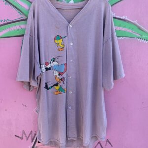 *AS-IS* 1990S PERFECTLY SUN FADED LOONEY TUNES 100% COTTON BASEBALL JERSEY WITH TWEETY & SYLVESTER GRAPHIC in BROWN, RED, YELLOW