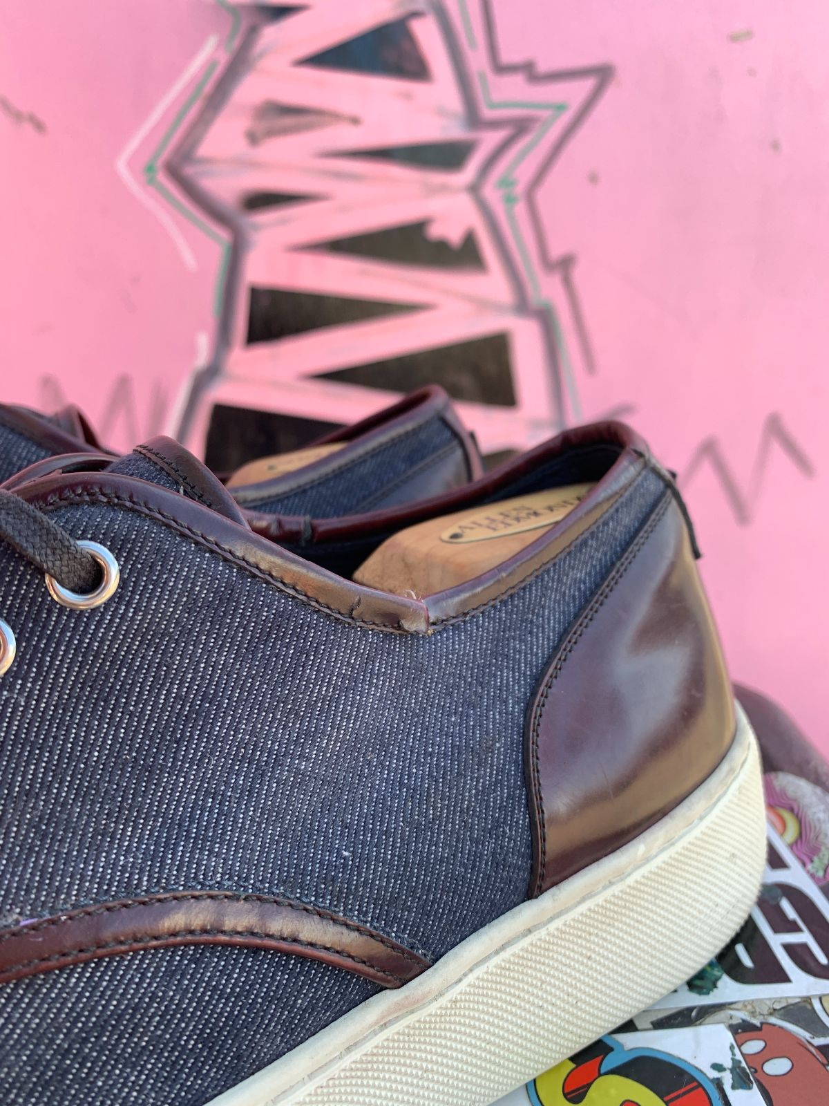 LOUIS VUITTON AS-IS LOUIS VUITTON INDIGO DENIM UPPER LEATHER HEEL SNEAKER OXFORD in BLUE