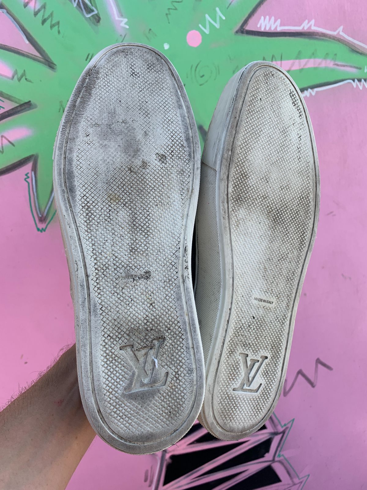 LOUIS VUITTON AS-IS LOUIS VUITTON INDIGO DENIM UPPER LEATHER HEEL SNEAKER OXFORD in BLUE