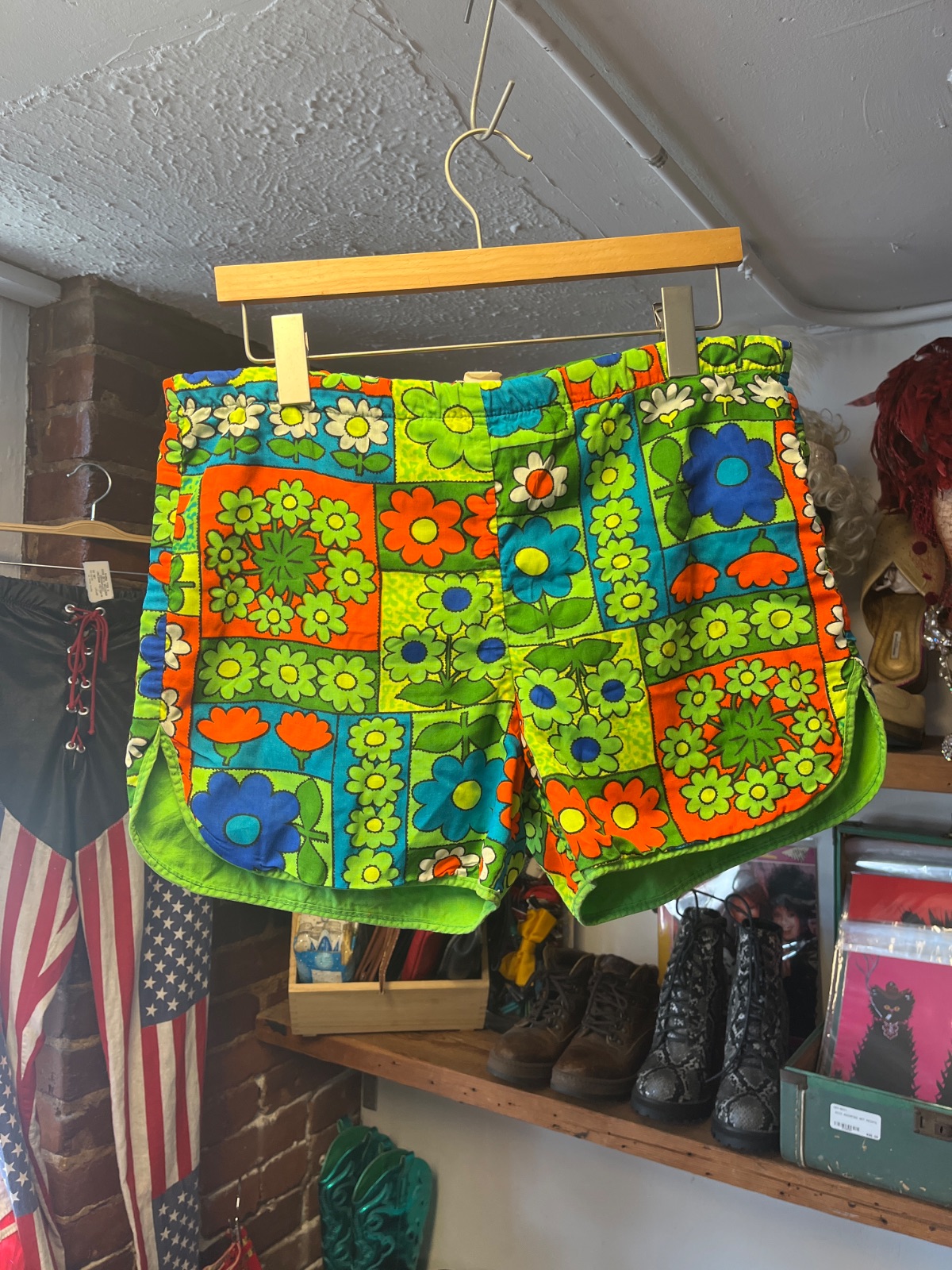 LAGUNA SO CUTE! *AS-IS* 1970S NEON FLORAL BOARD SHORTS in GREEN, ORANGE, BLUE, YELLOW