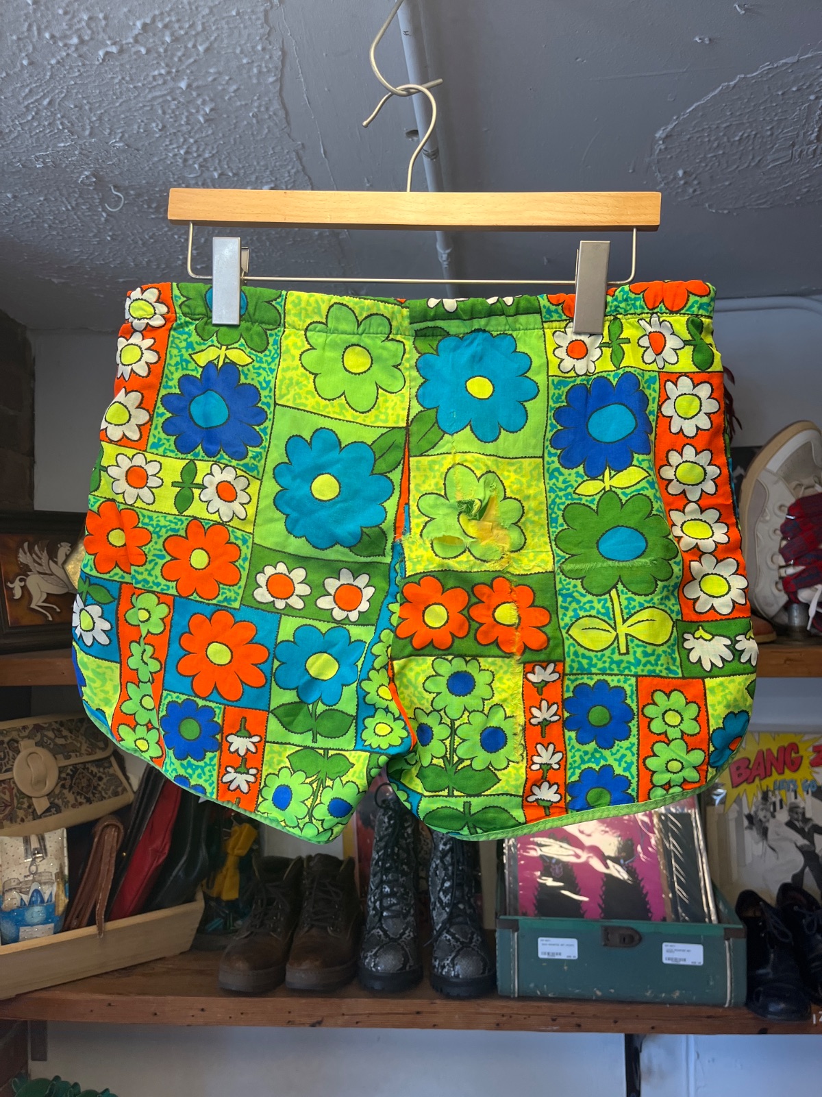 LAGUNA SO CUTE! *AS-IS* 1970S NEON FLORAL BOARD SHORTS in GREEN, ORANGE, BLUE, YELLOW