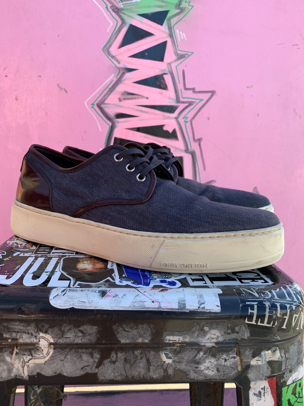 LOUIS VUITTON AS-IS LOUIS VUITTON INDIGO DENIM UPPER LEATHER HEEL SNEAKER OXFORD in BLUE