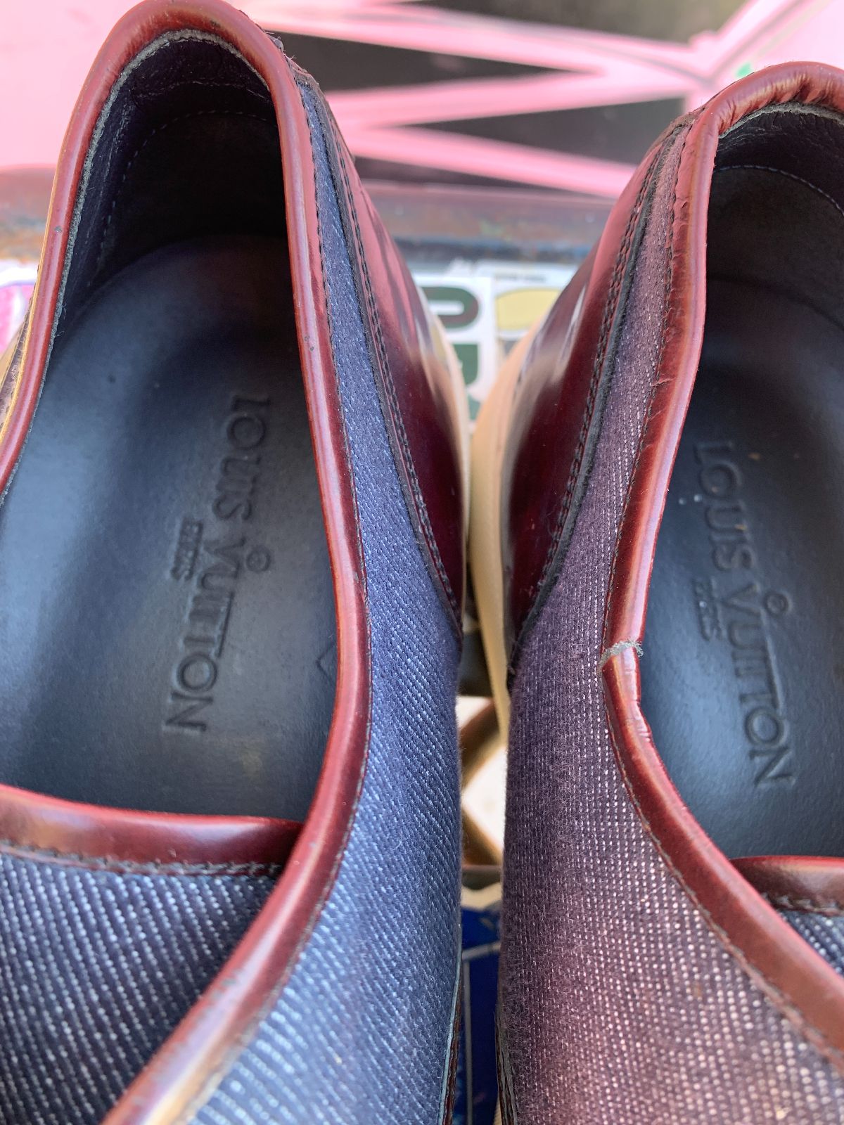LOUIS VUITTON AS-IS LOUIS VUITTON INDIGO DENIM UPPER LEATHER HEEL SNEAKER OXFORD in BLUE