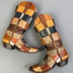 STUNNING! 1960S-70S MULTICOLORED LEATHER PATCHWORK POINTED TOE BOOTS