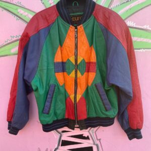 EURO MONO FUN! 1980S-90S CROPPED COLORBLOCK LEATHER JACKET in RED, GREEN, PURPLE