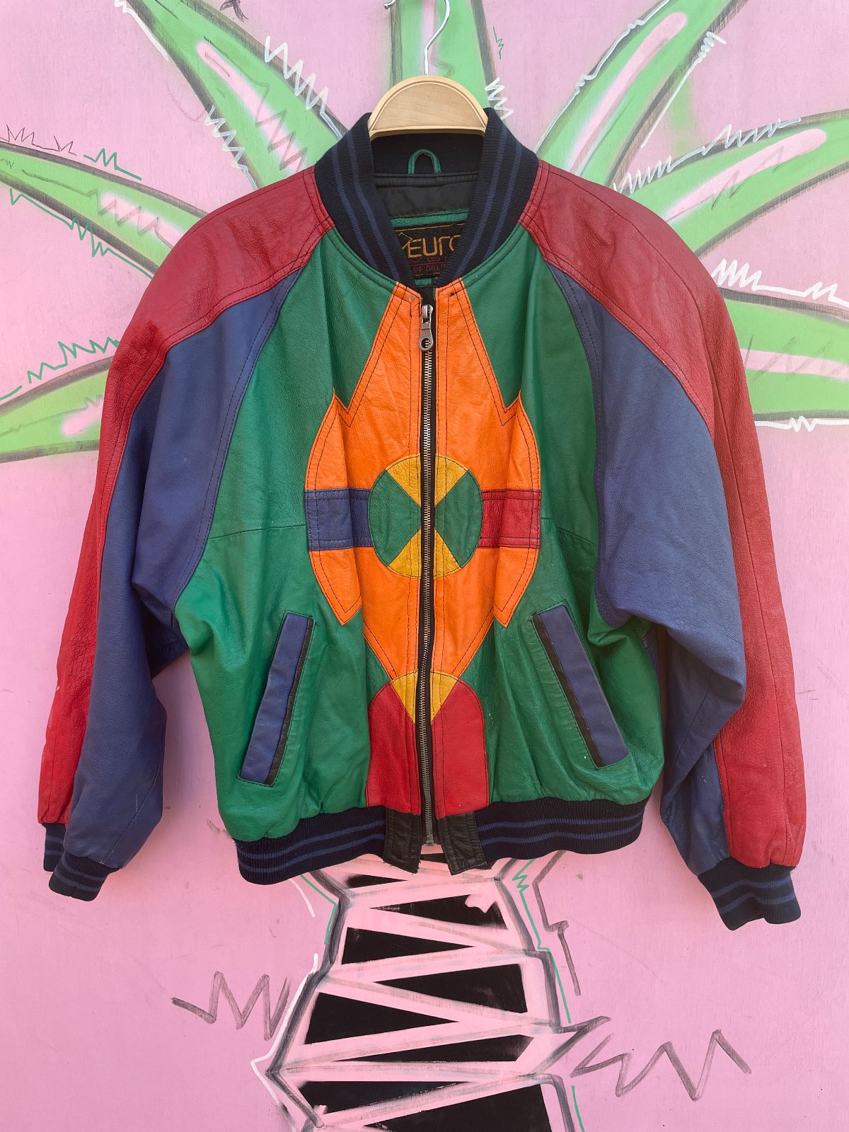 EURO MONO FUN! 1980S-90S CROPPED COLORBLOCK LEATHER JACKET in RED, GREEN, PURPLE