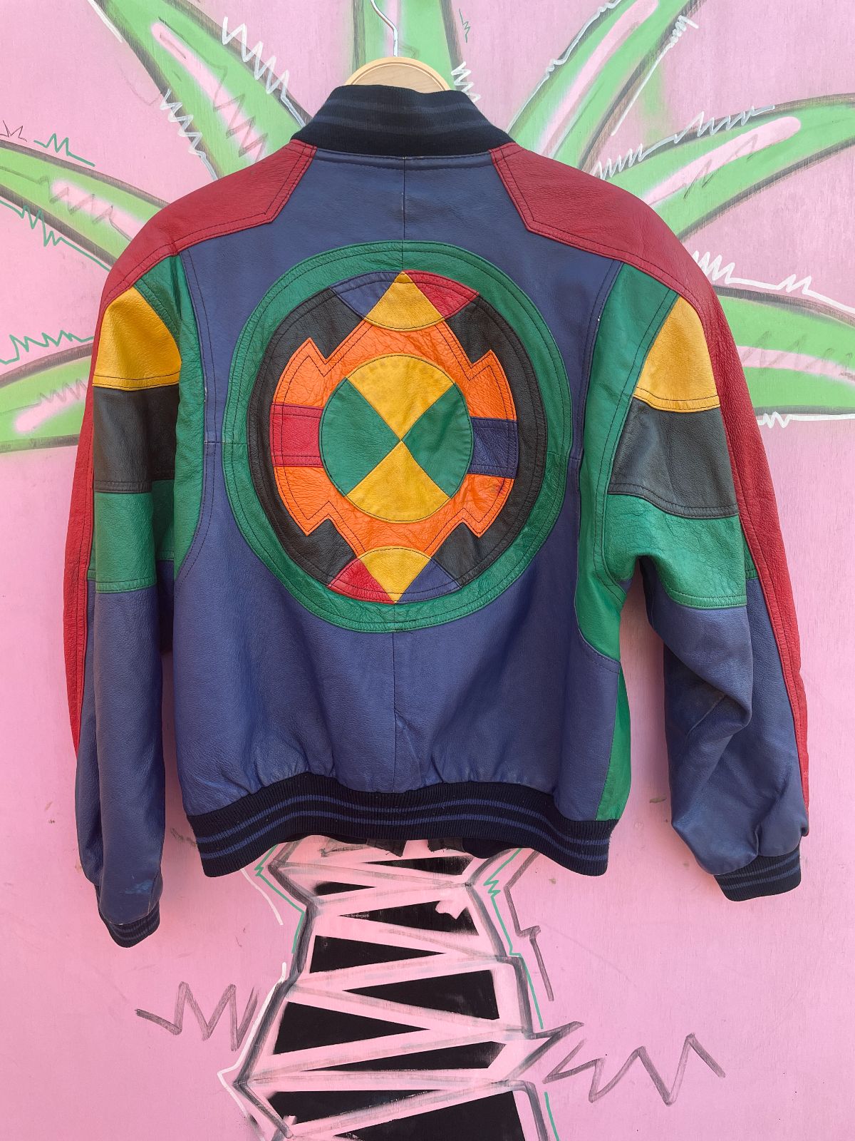EURO MONO FUN! 1980S-90S CROPPED COLORBLOCK LEATHER JACKET in RED, GREEN, PURPLE