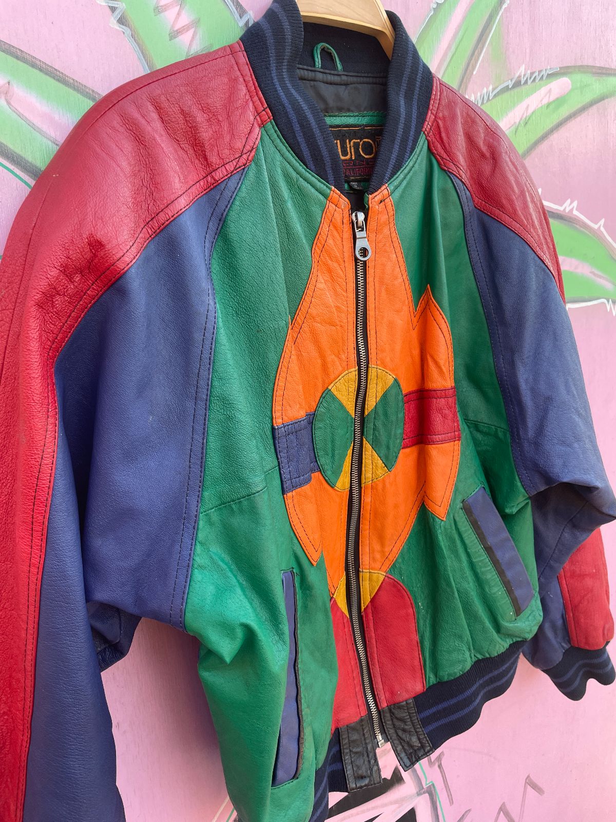 EURO MONO FUN! 1980S-90S CROPPED COLORBLOCK LEATHER JACKET in RED, GREEN, PURPLE