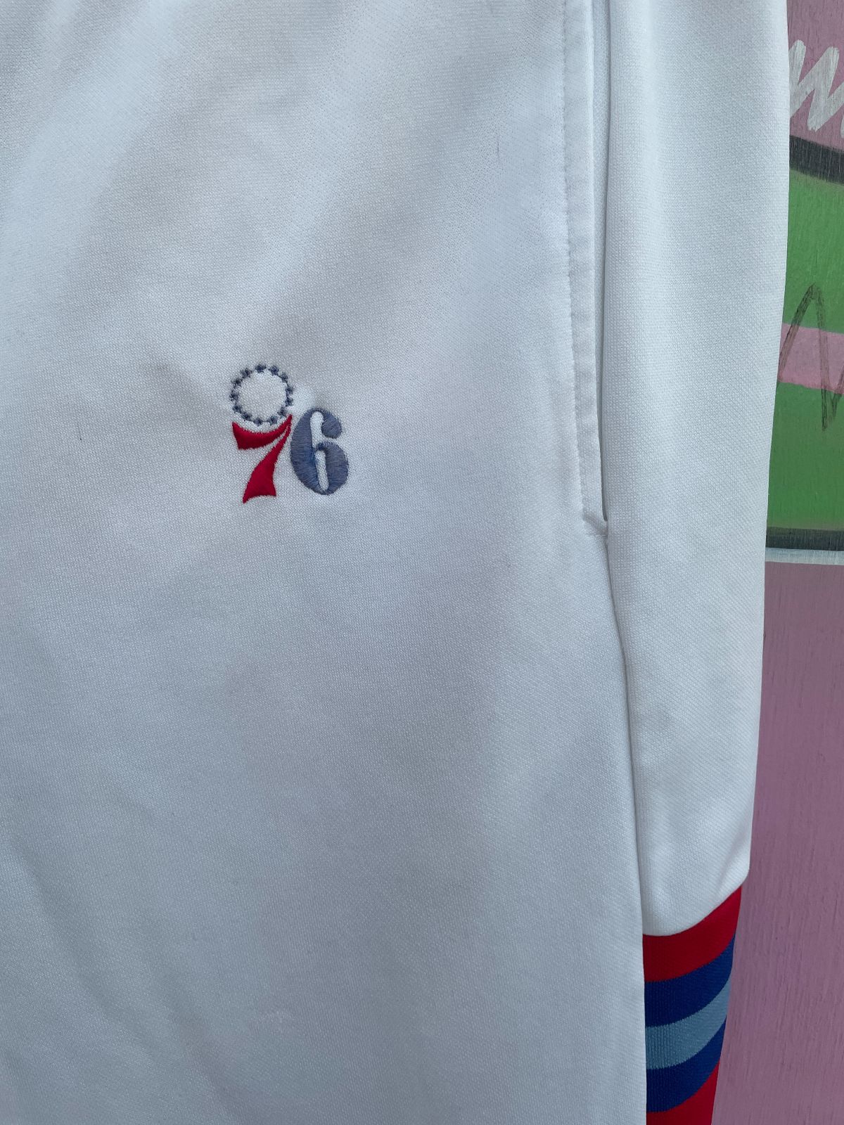 HARDWOOD CLASSICS CLASSIC! PHILADELPHIA 76ERS COLORBLOCK TRACK PANTS in WHITE, RED, BLUE