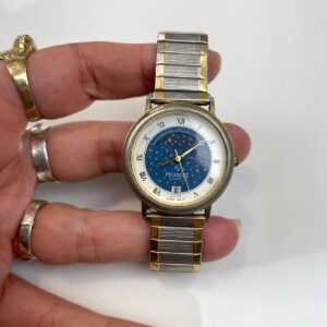 PEUGEOT QUARTZ STAR DIAL TWO-TONE STRETCH BAND WRIST WATCH STAINLESS STEEL in BLUE, SILVER