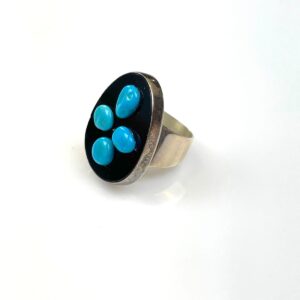 *SIGNED BEAUTIFUL ONYX INLAY 925 STERLING SILVER RING, POLISHED TURQUOISE NUGGETS, SET IN BLACK ONYX / OBSIDIAN in SILVER, BLACK, BLUE