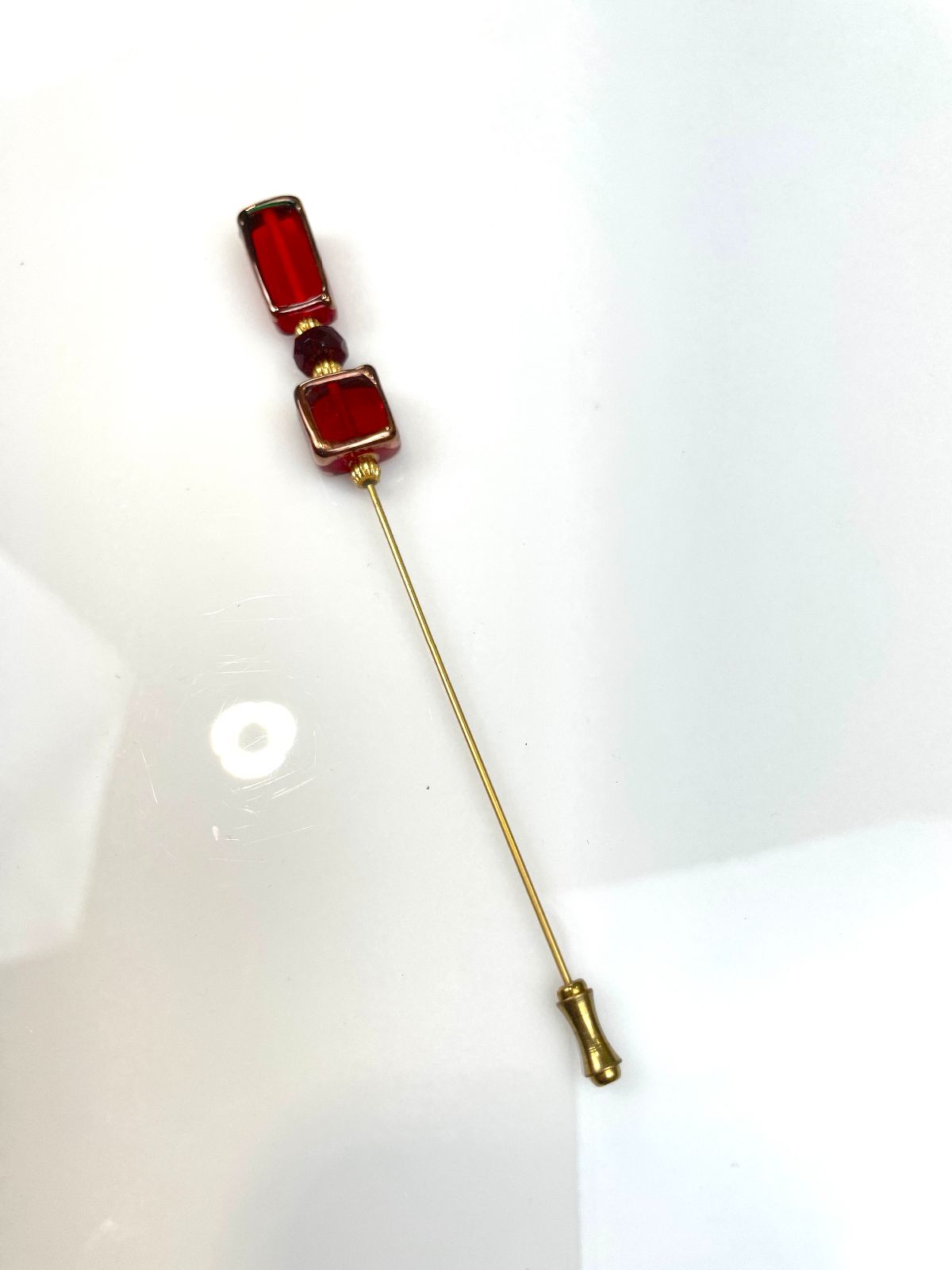 HAND BLOWN MURANO GLASS BRASS STICK PIN, HAT PIN in GOLD, RED