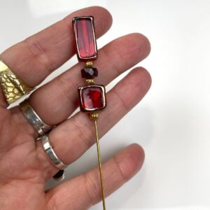 HAND BLOWN MURANO GLASS BRASS STICK PIN, HAT PIN in GOLD, RED