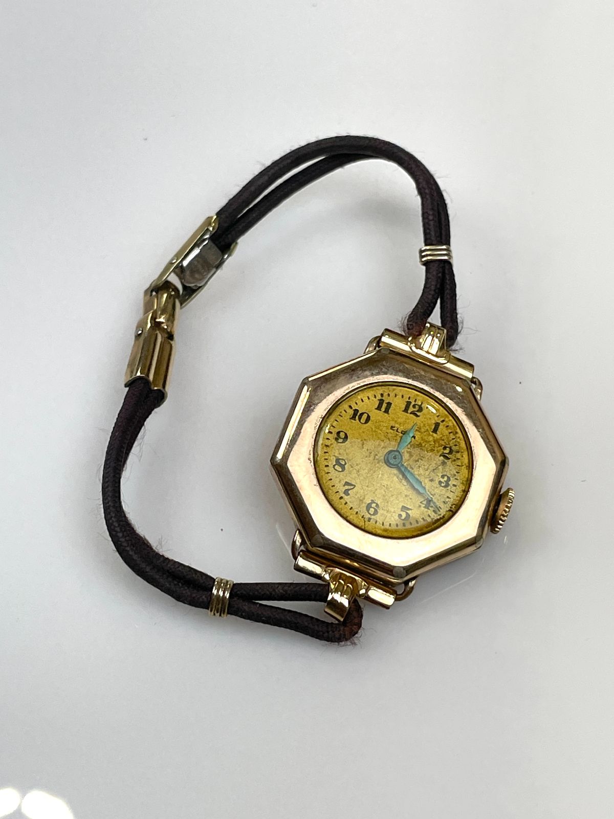 ELGIN *AS-IS* UNIQUE 10-14K GOLD FILLED LADIES WIND-UP WATCH, CORDED BAND in ROSE GOLD, BLACK