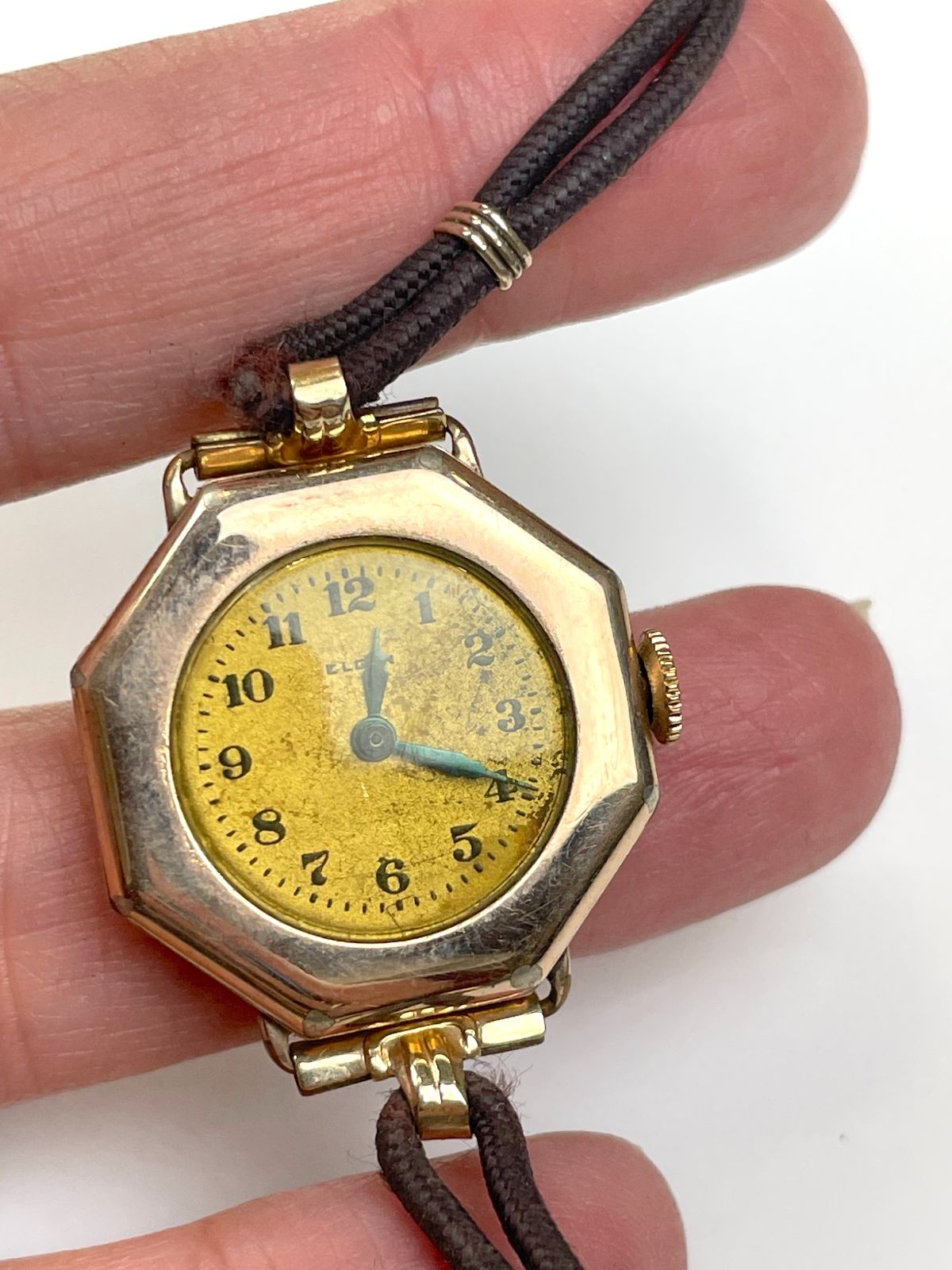 ELGIN *AS-IS* UNIQUE 10-14K GOLD FILLED LADIES WIND-UP WATCH, CORDED BAND in ROSE GOLD, BLACK