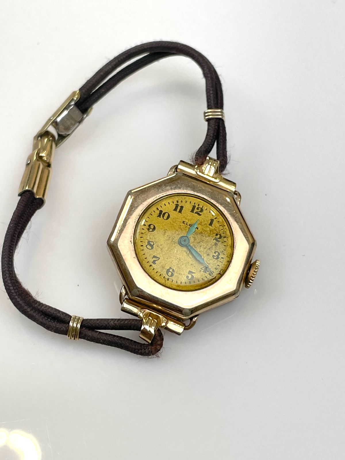 ELGIN *AS-IS* UNIQUE 10-14K GOLD FILLED LADIES WIND-UP WATCH, CORDED BAND in ROSE GOLD, BLACK