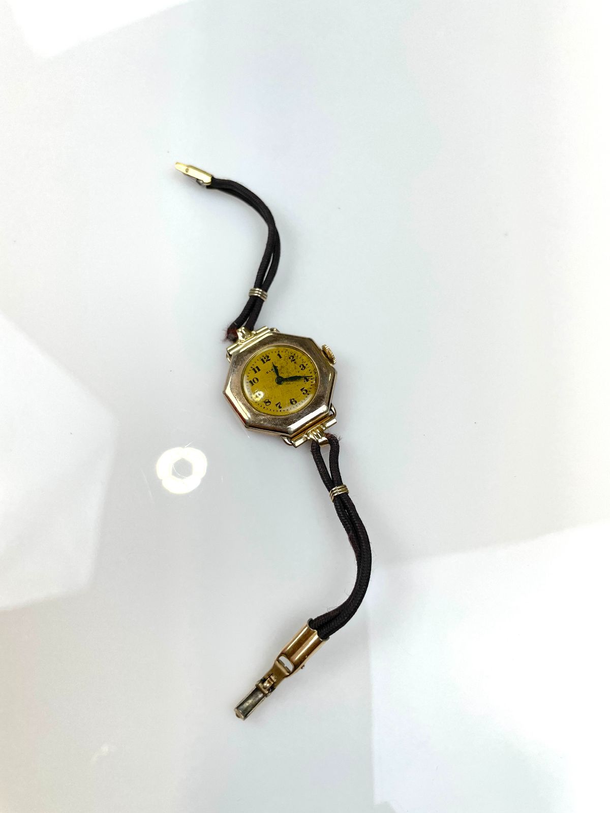 ELGIN *AS-IS* UNIQUE 10-14K GOLD FILLED LADIES WIND-UP WATCH, CORDED BAND in ROSE GOLD, BLACK