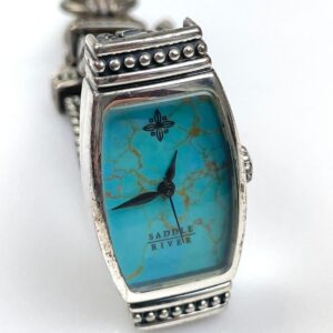 SADDLE RIVER 1990S TURQUOISE FACE INLAY WATCH, BRAIDED STERLING SILVER CHAINLINK BAND in SILVER, BLUE