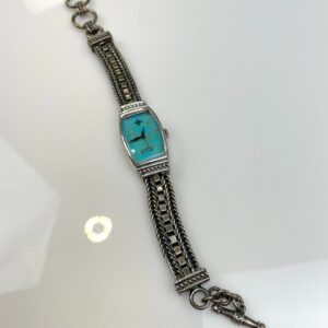 SADDLE RIVER 1990S TURQUOISE FACE INLAY WATCH, BRAIDED STERLING SILVER CHAINLINK BAND in SILVER, BLUE