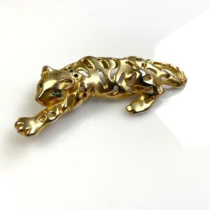 MATTE GOLD TIGER BROOCH CUT OUT, BLACK RHINESTONE ACCENTS